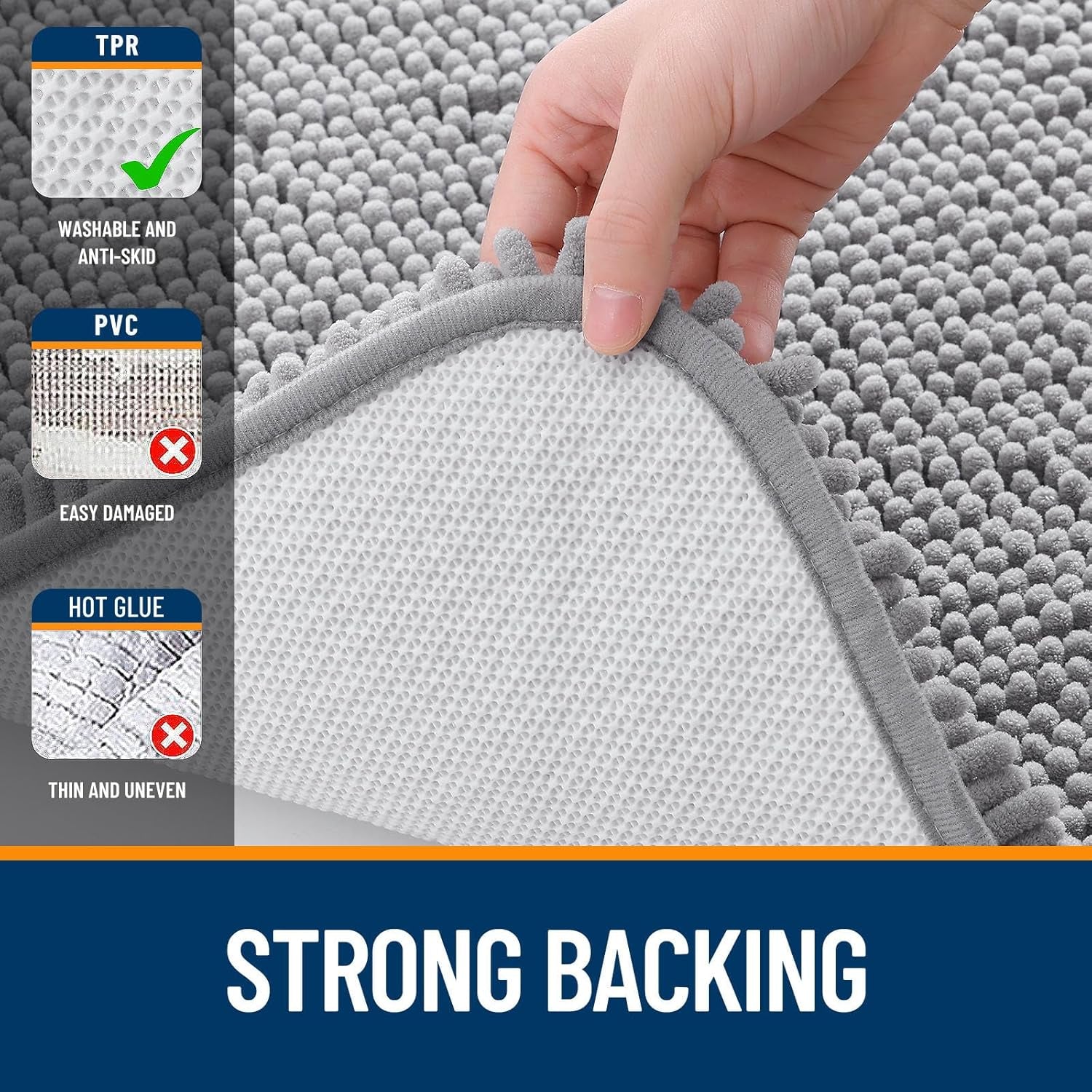 Chenille Bathroom Rugs Sets 3 Piece, 30"X20"+24"X16"+24"X20", Grey | Soft Absorbent Bath Mat and U-Shaped Contour Toilet Rug Set, Quick Dry, Machine Washable Bath Carpet, Home Decor Accessories