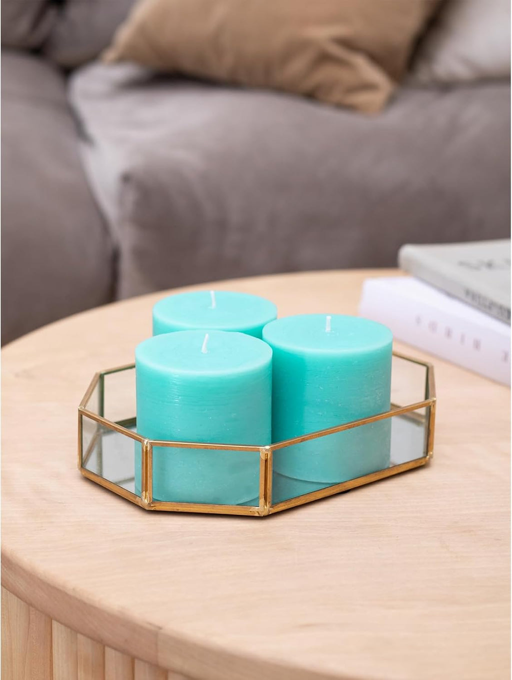 3X3 Pillar Candles Set of 3 - Rustic Unscented No Drip Turquoise Candles for Home Decor, Weddings, Centerpieces