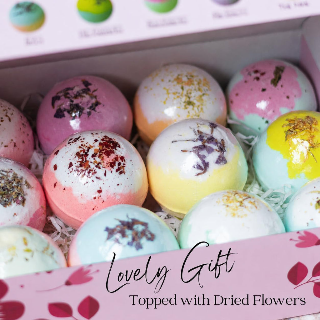 12 Inspire Bath Bombs for Women & Girls – Flower Topped Bath Bombs Girls, Fun Bathbombs Set, Organic Bath Fizzers, Luxury Gift for Mothers Day, Birthday, Christmas, Easter or Self Care