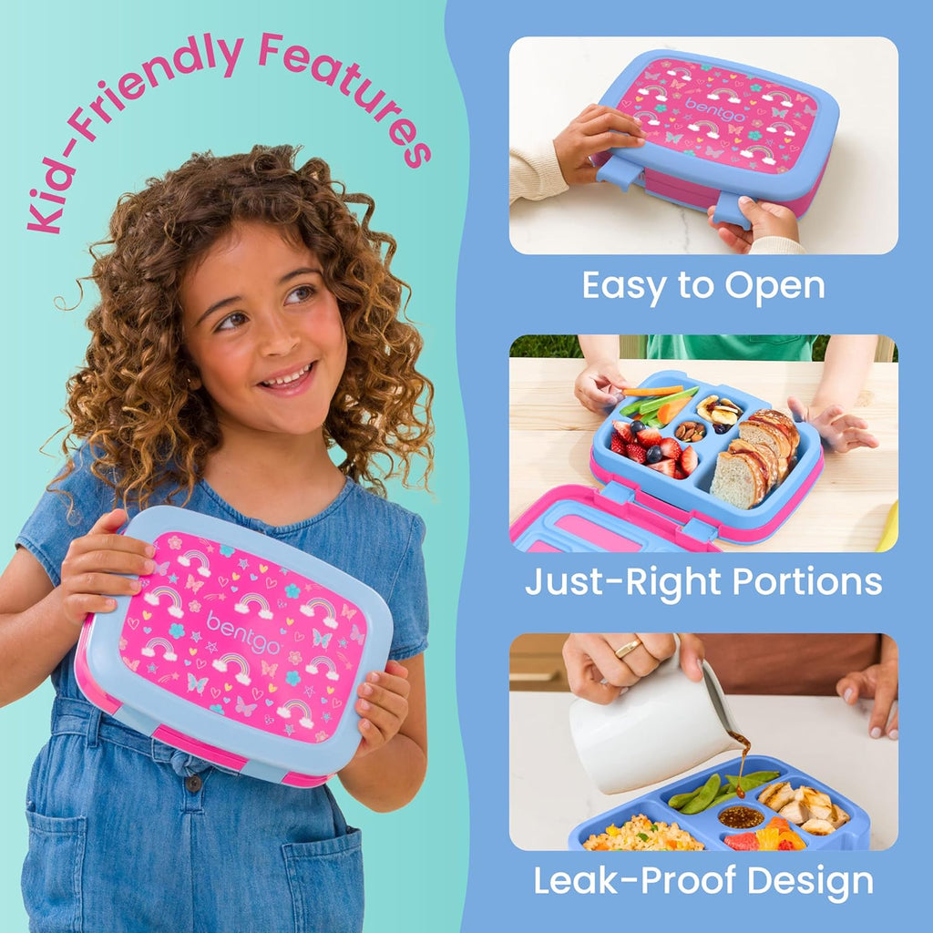 Bentgo Kids Prints Leak-Proof 5-Compartment Bento-Style Kids Lunch Box | Ideal Portion Sizes for Ages 3-7, Durable, Drop-Proof, Dishwasher Safe, PFAS & Bpa-Free Materials (Rainbows and Butterflies)