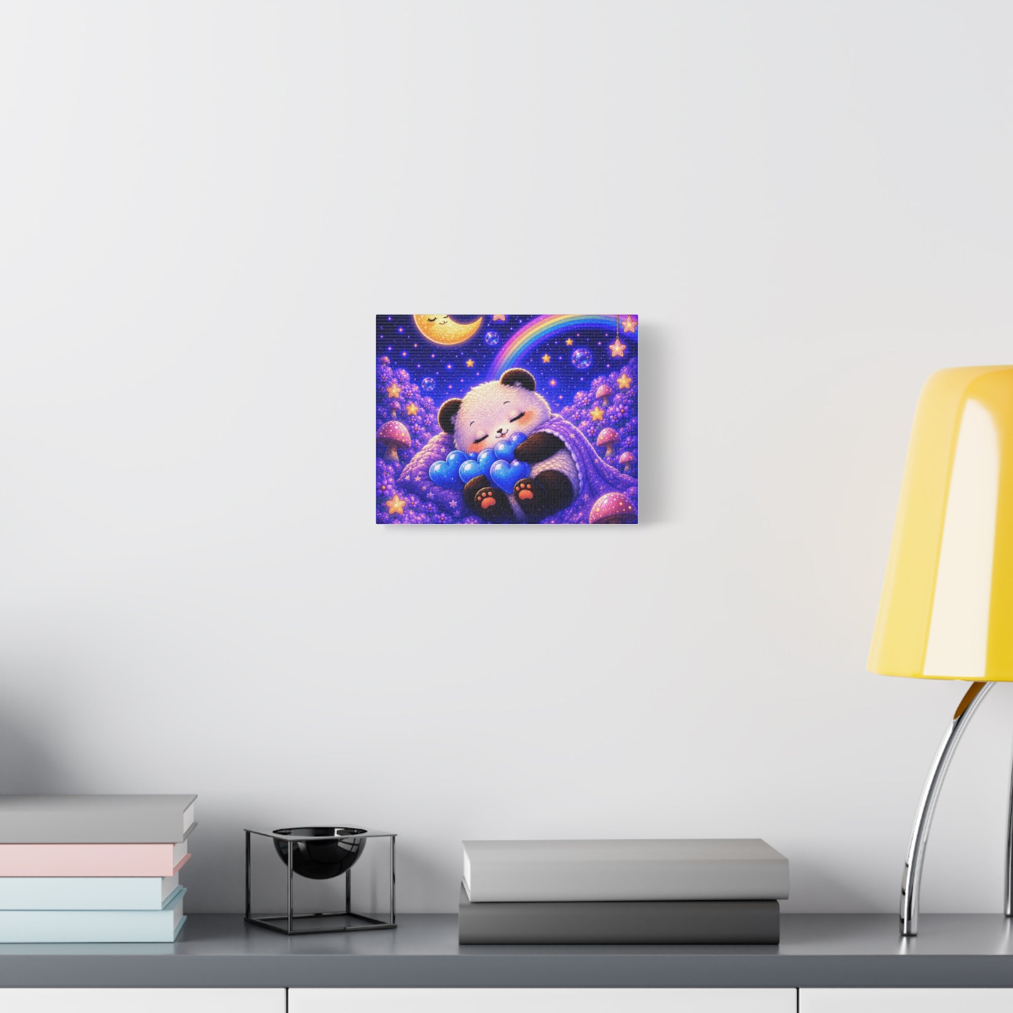 Sleeping Baby Panda Canvas Wall Art | Whimsical Nursery Decor | Dreamy Moon & Rainbow Print