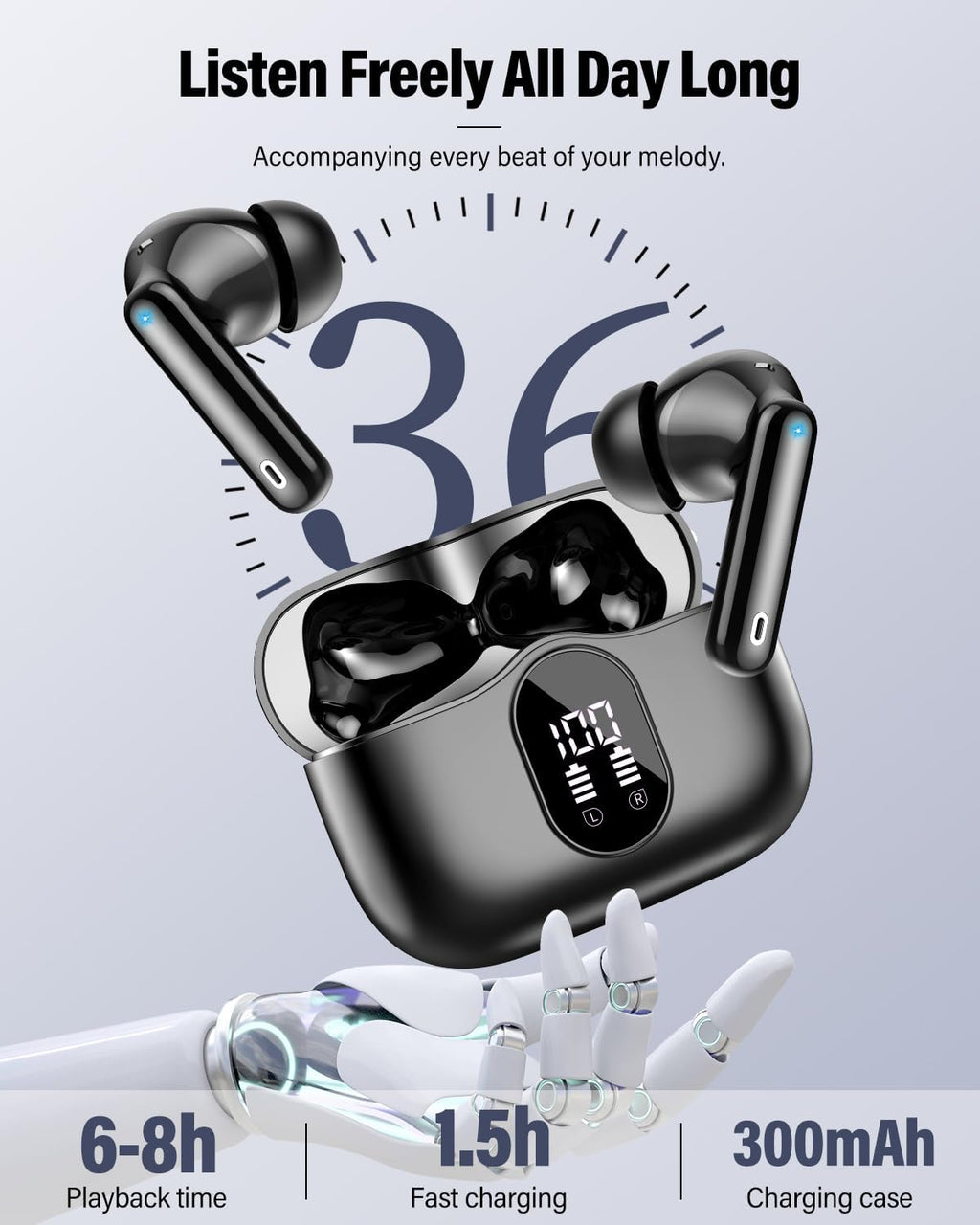 Wireless Earbuds, Bluetooth 5.4 Headphones Bass Stereo/Clear Calls, Black | Ear Buds with Noise Cancelling Mic LED Display in Ear Earphones IP7 Waterproof 36H Bluetooth Earbuds for Phones/Sport/Laptop