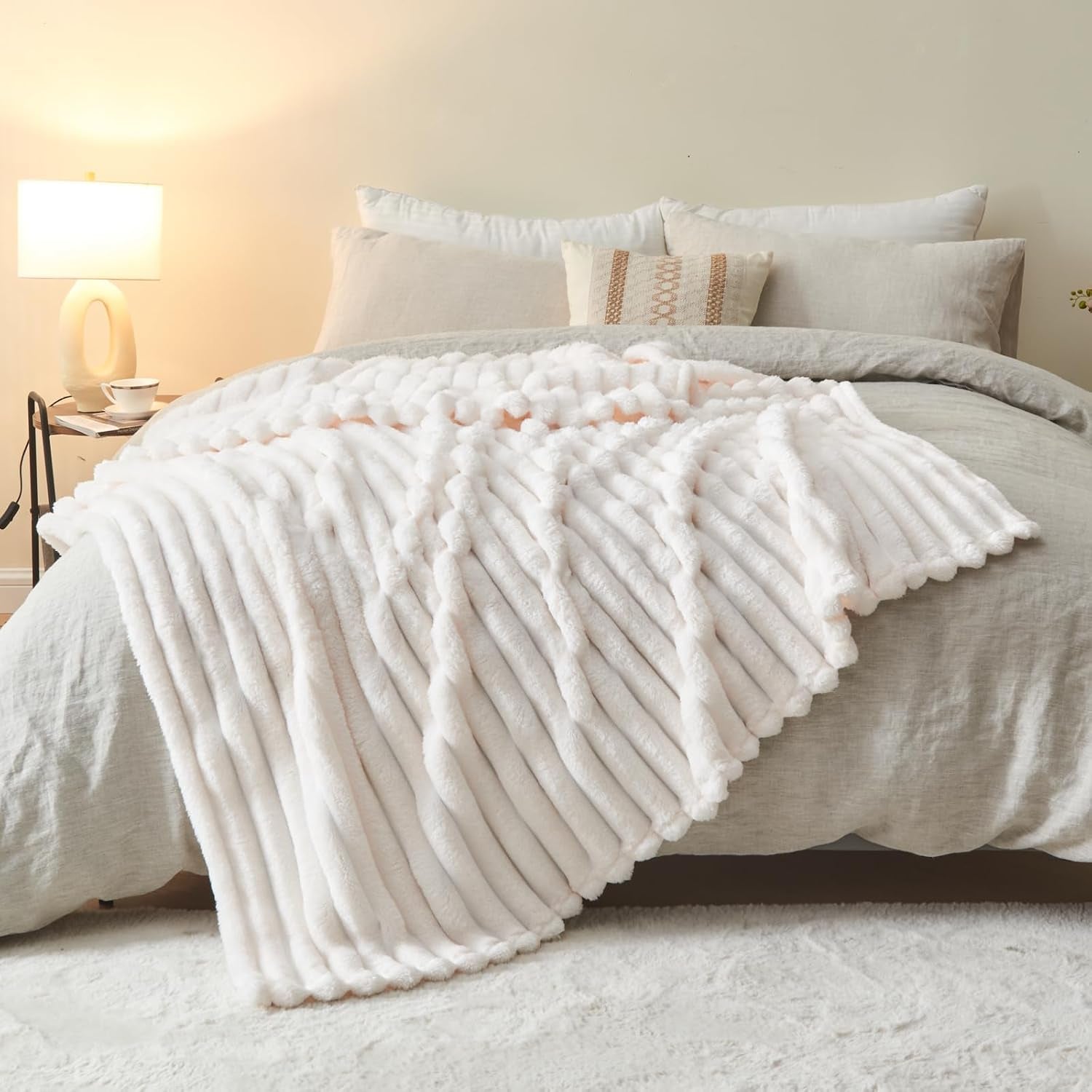 Fleece Ribbed Cozy Throw Blanket for Couch, Ivory, 50"X60" | Premium Silky Flannel Blanket, Soft Lightweight Fluffy Throw Blanket for Bed Sofa Decor, Gift for All Season Use