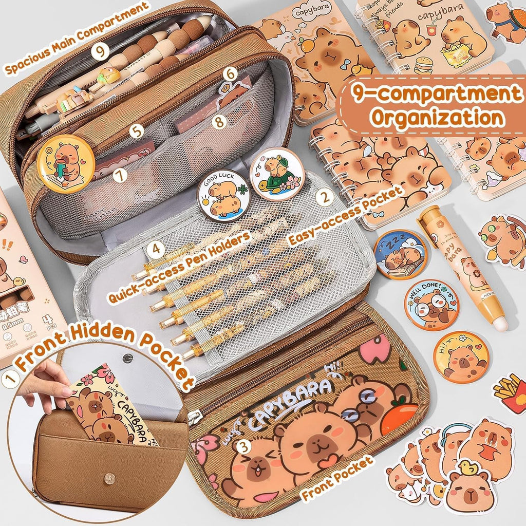 Capybara Backpack for School Girls, 30PCS Capybara School Supplies | Stationery Set with Bookbag Pencil Case Pins Gel Pens Pencils Notebooks for Back to School Kindergarten Elementary Student