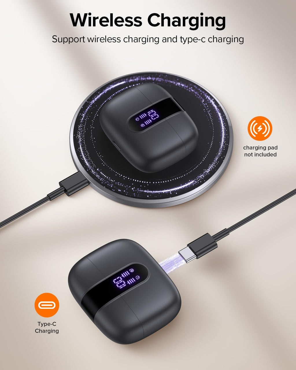 Bluetooth Headphones True Wireless Earbuds 60H Playback LED Power Display Earphones with Wireless Charging Case IPX5 Waterproof In-Ear Ear Buds with Mic for TV Smart Phone Laptop Computer Sports