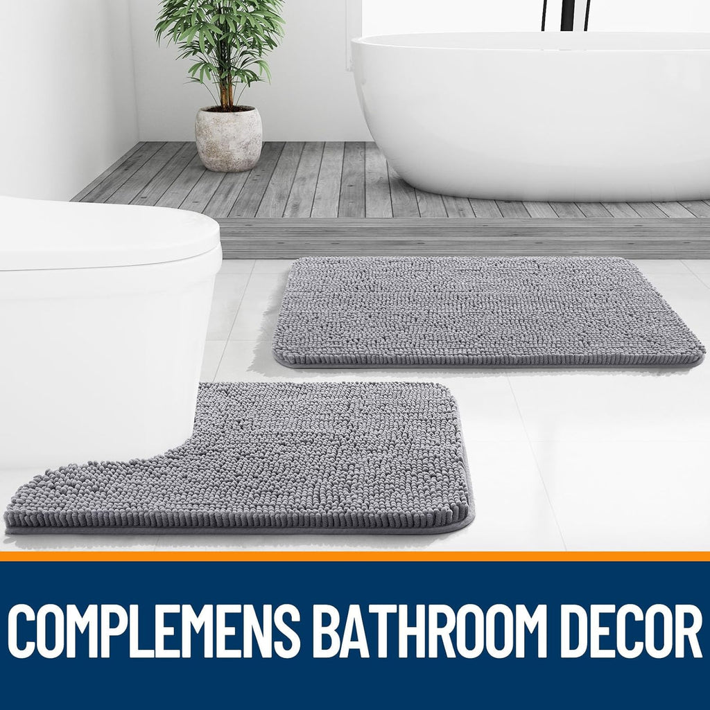 Chenille Bathroom Rugs Sets 3 Piece, 30"X20"+24"X16"+24"X20", Grey | Soft Absorbent Bath Mat and U-Shaped Contour Toilet Rug Set, Quick Dry, Machine Washable Bath Carpet, Home Decor Accessories