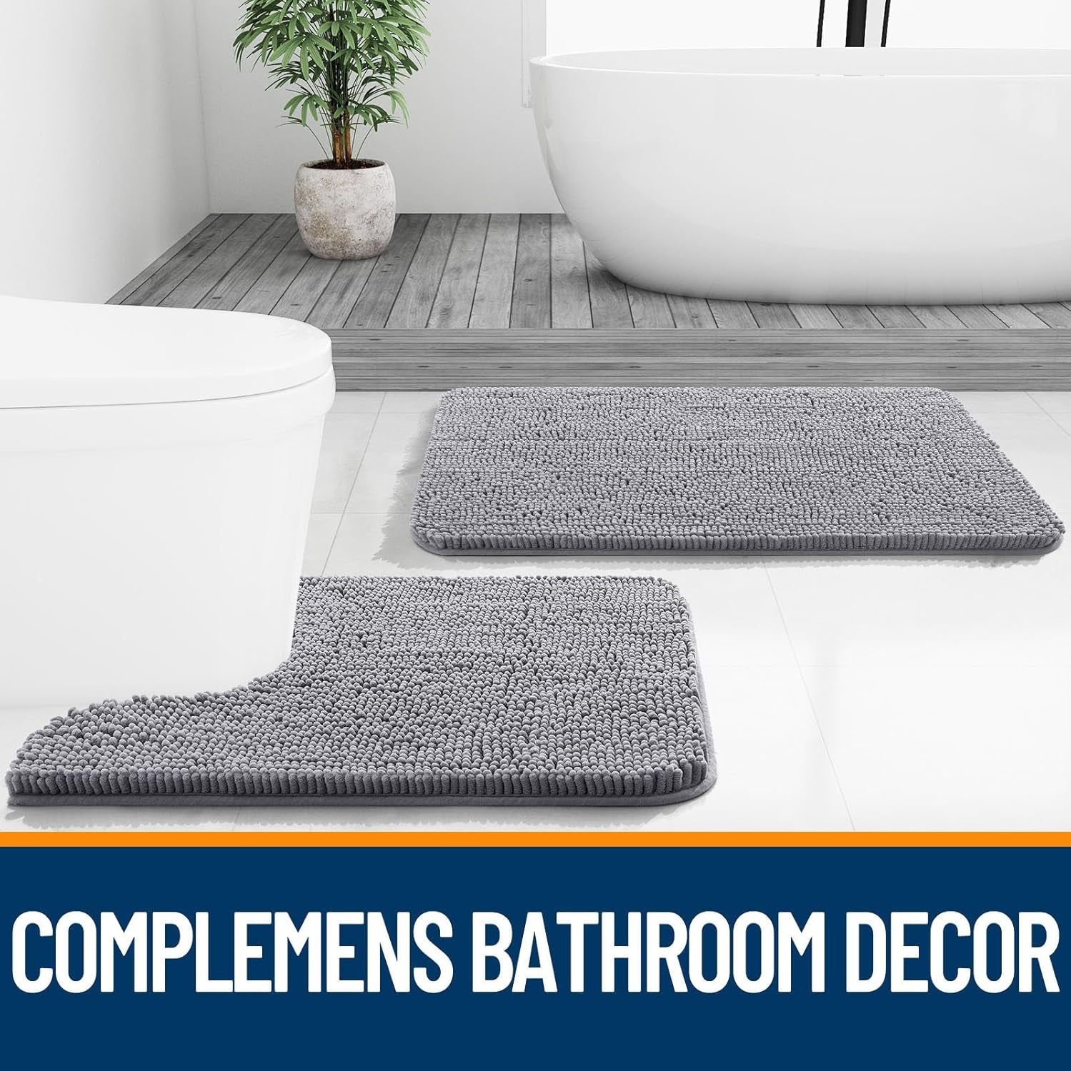 Chenille Bathroom Rugs Sets 3 Piece, 30"X20"+24"X16"+24"X20", Grey | Soft Absorbent Bath Mat and U-Shaped Contour Toilet Rug Set, Quick Dry, Machine Washable Bath Carpet, Home Decor Accessories