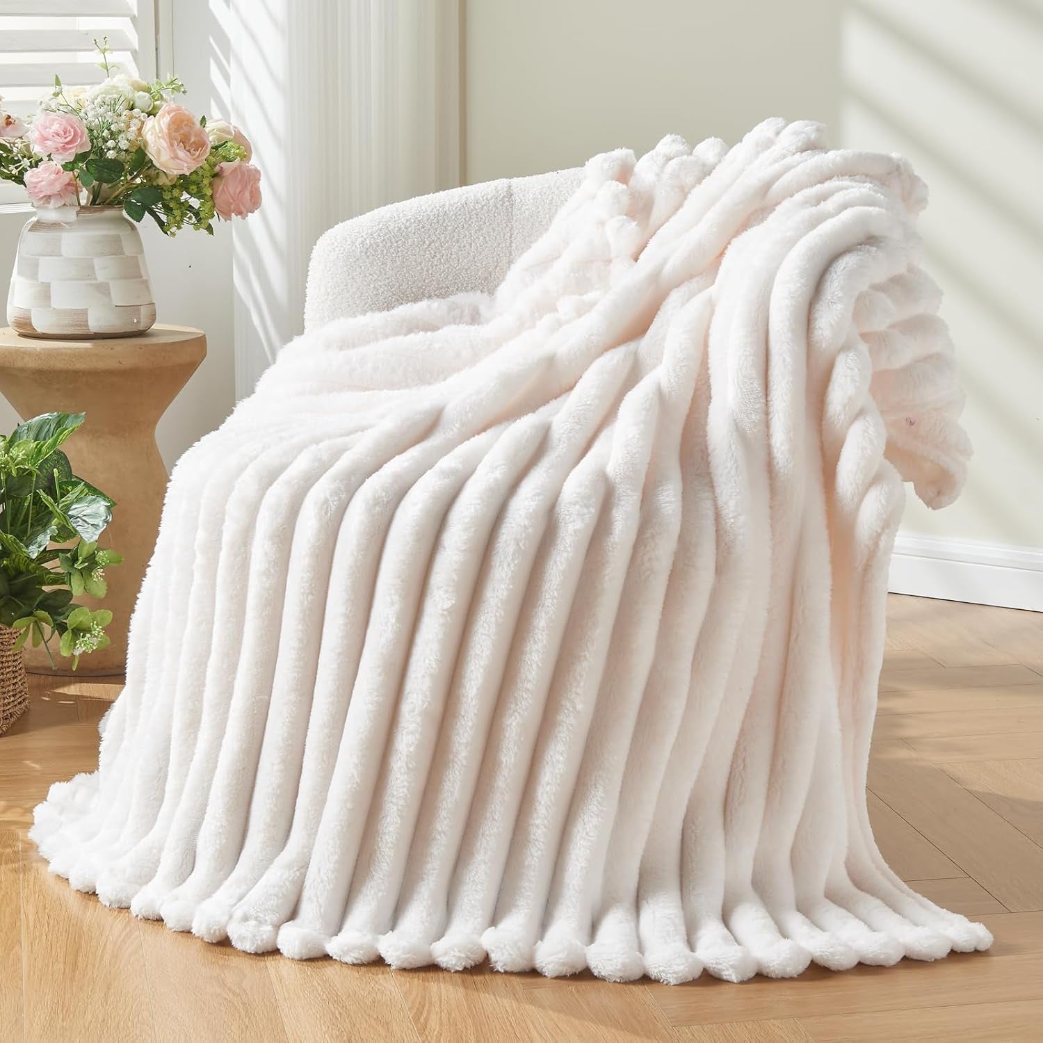 Fleece Ribbed Cozy Throw Blanket for Couch, Ivory, 50"X60" | Premium Silky Flannel Blanket, Soft Lightweight Fluffy Throw Blanket for Bed Sofa Decor, Gift for All Season Use