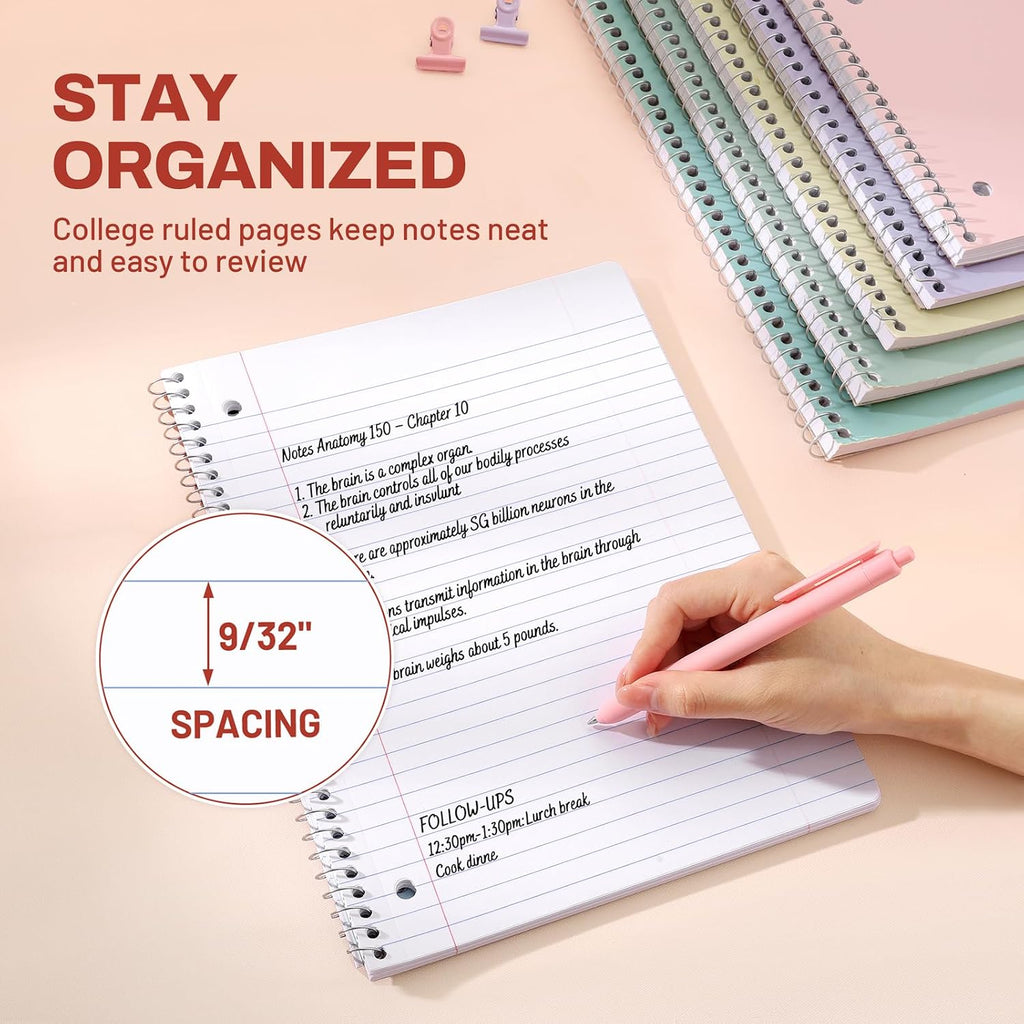 Spiral Notebooks, 1-Subject, 5 Pack, College Ruled Paper, 8" X 10-1/2", 70 Sheets per Notebook,3-Hole Punched Paper, Pink,Purple, Blue, Green, Yellow Spiral Lined Notebooks for School,Work