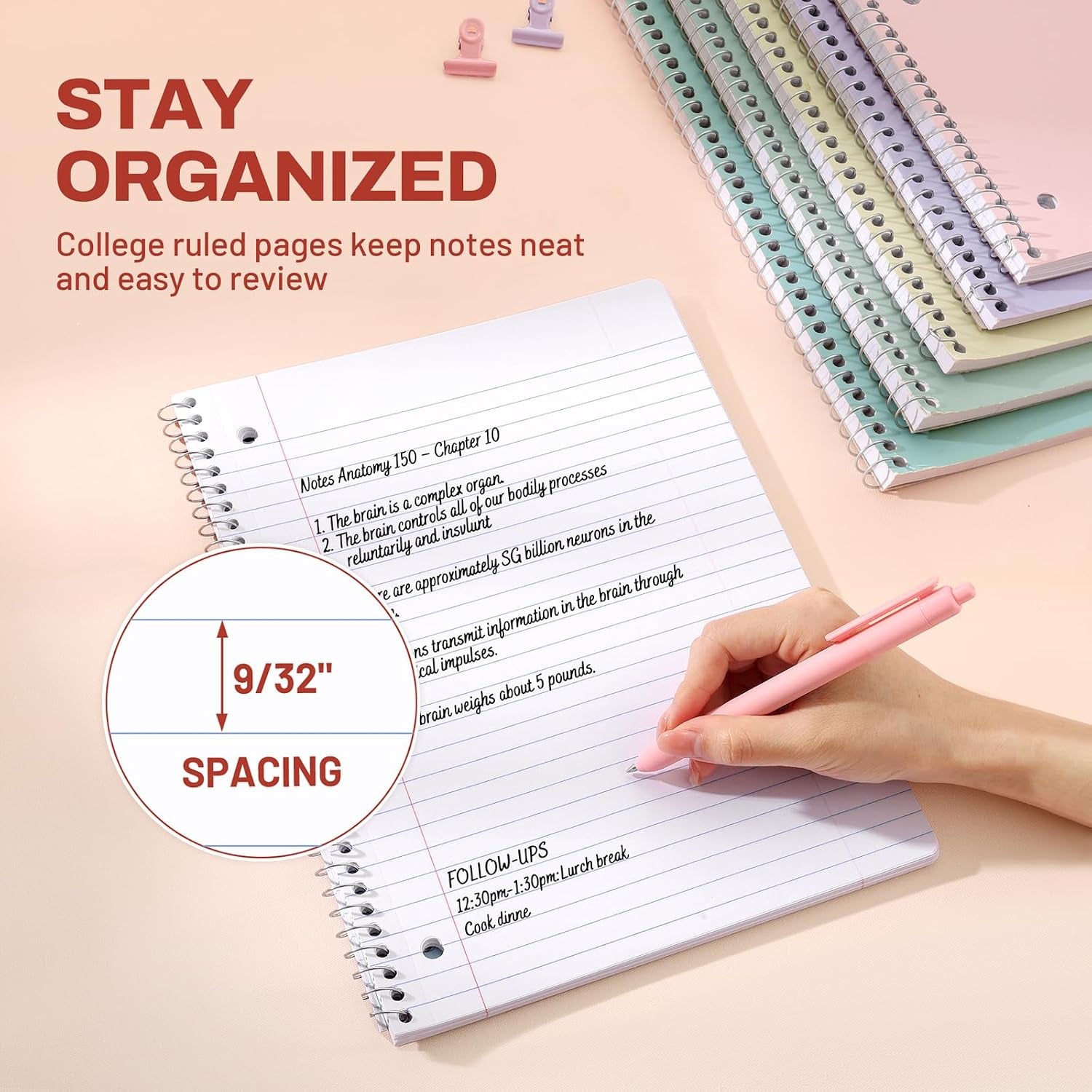 Spiral Notebooks, 1-Subject, 5 Pack, College Ruled Paper, 8" X 10-1/2", 70 Sheets per Notebook,3-Hole Punched Paper, Pink,Purple, Blue, Green, Yellow Spiral Lined Notebooks for School,Work