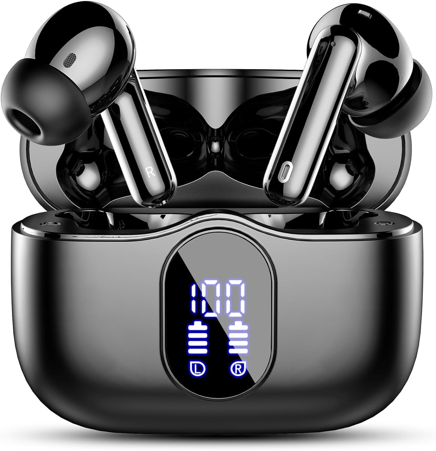 Wireless Earbuds, Bluetooth 5.4 Headphones Bass Stereo/Clear Calls, Black | Ear Buds with Noise Cancelling Mic LED Display in Ear Earphones IP7 Waterproof 36H Bluetooth Earbuds for Phones/Sport/Laptop
