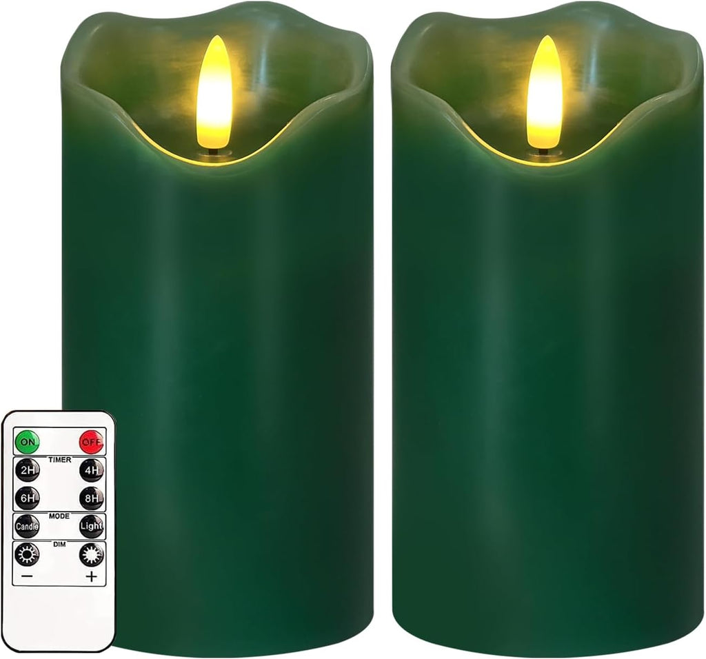 Green Flameless Candles, Flicking LED Christams Candles Battery Operated Candles Made of Real Wax, Remote Control Fake Pillar Candles for Christmas St. Patrick'S Day Decor, 2PC, 3’’ X 6’