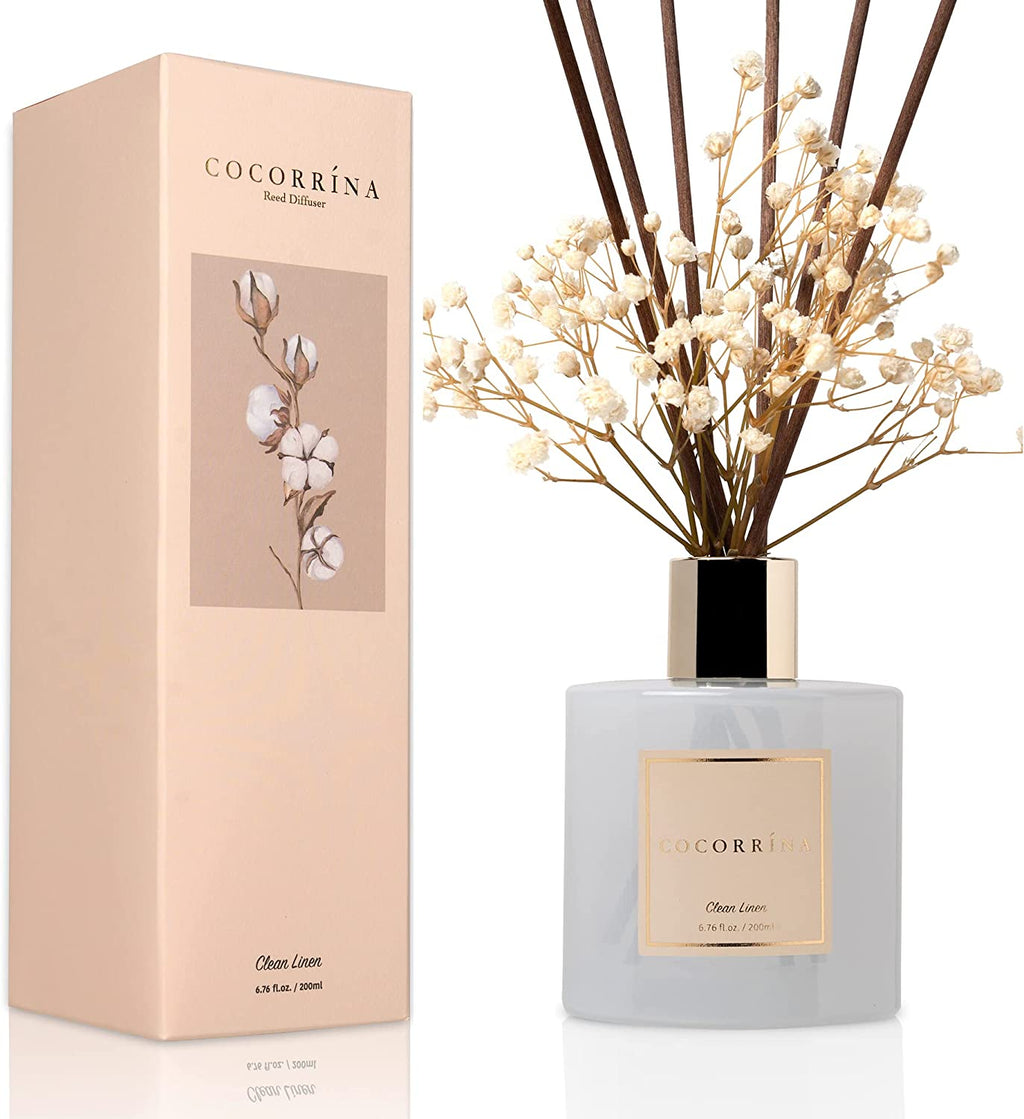 Reed Diffuser Set, Clean Linen 6.7 Fl Oz Scented Diffuser with Sticks Home Fragrance Reed Diffuser for Bathroom Shelf Decor