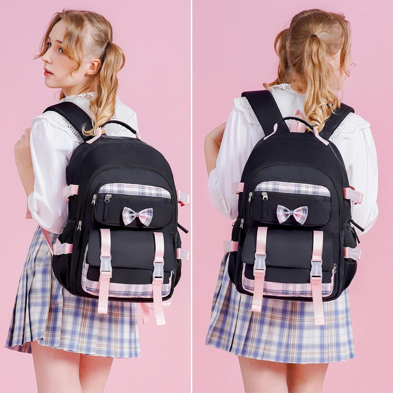 Cute School Backpack for Girls Backpack for School Bag Bookbag Set with Lunch Box Teen Girl Backpacks for Girls Teens (Black)