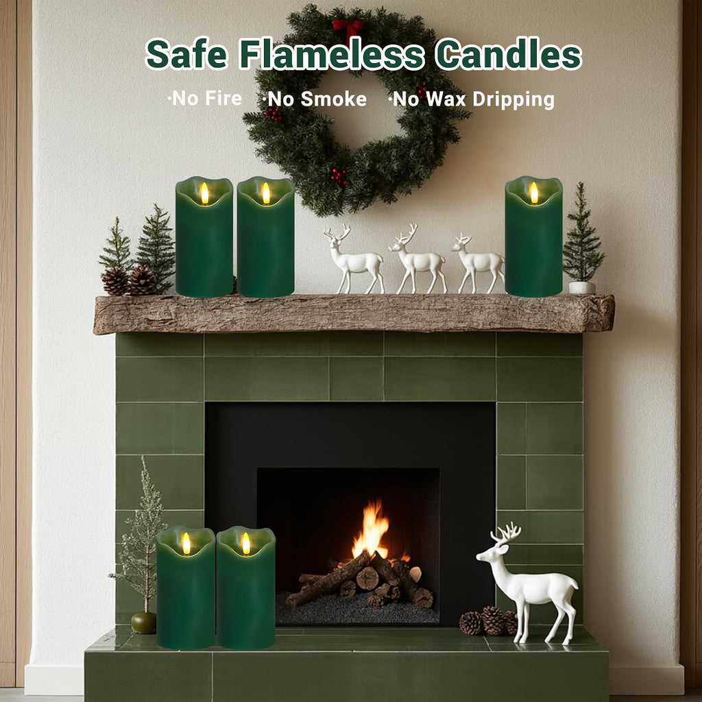 Green Flameless Candles, Flicking LED Christams Candles Battery Operated Candles Made of Real Wax, Remote Control Fake Pillar Candles for Christmas St. Patrick'S Day Decor, 2PC, 3’’ X 6’