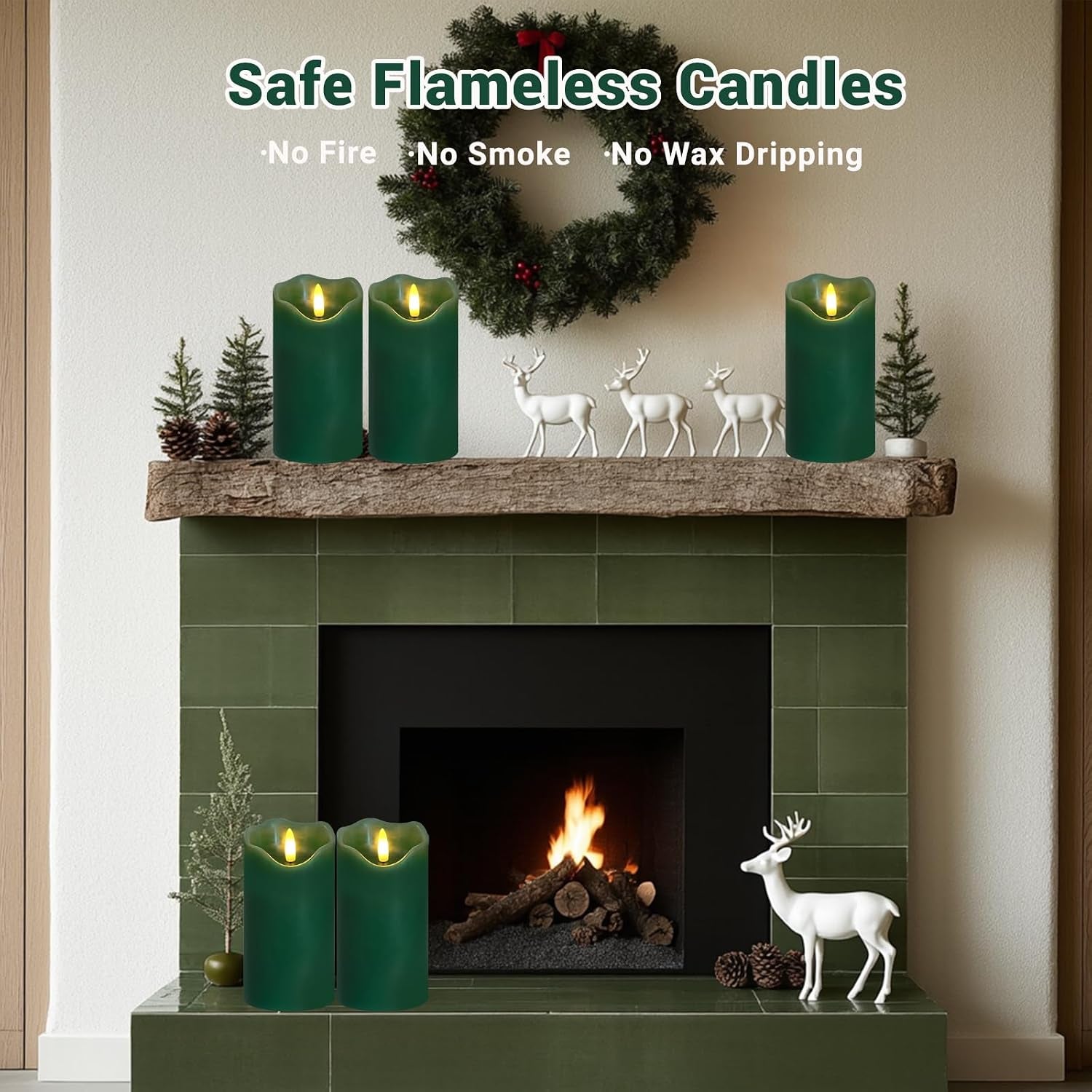 Green Flameless Candles, Flicking LED Christams Candles Battery Operated Candles Made of Real Wax, Remote Control Fake Pillar Candles for Christmas St. Patrick'S Day Decor, 2PC, 3’’ X 6’
