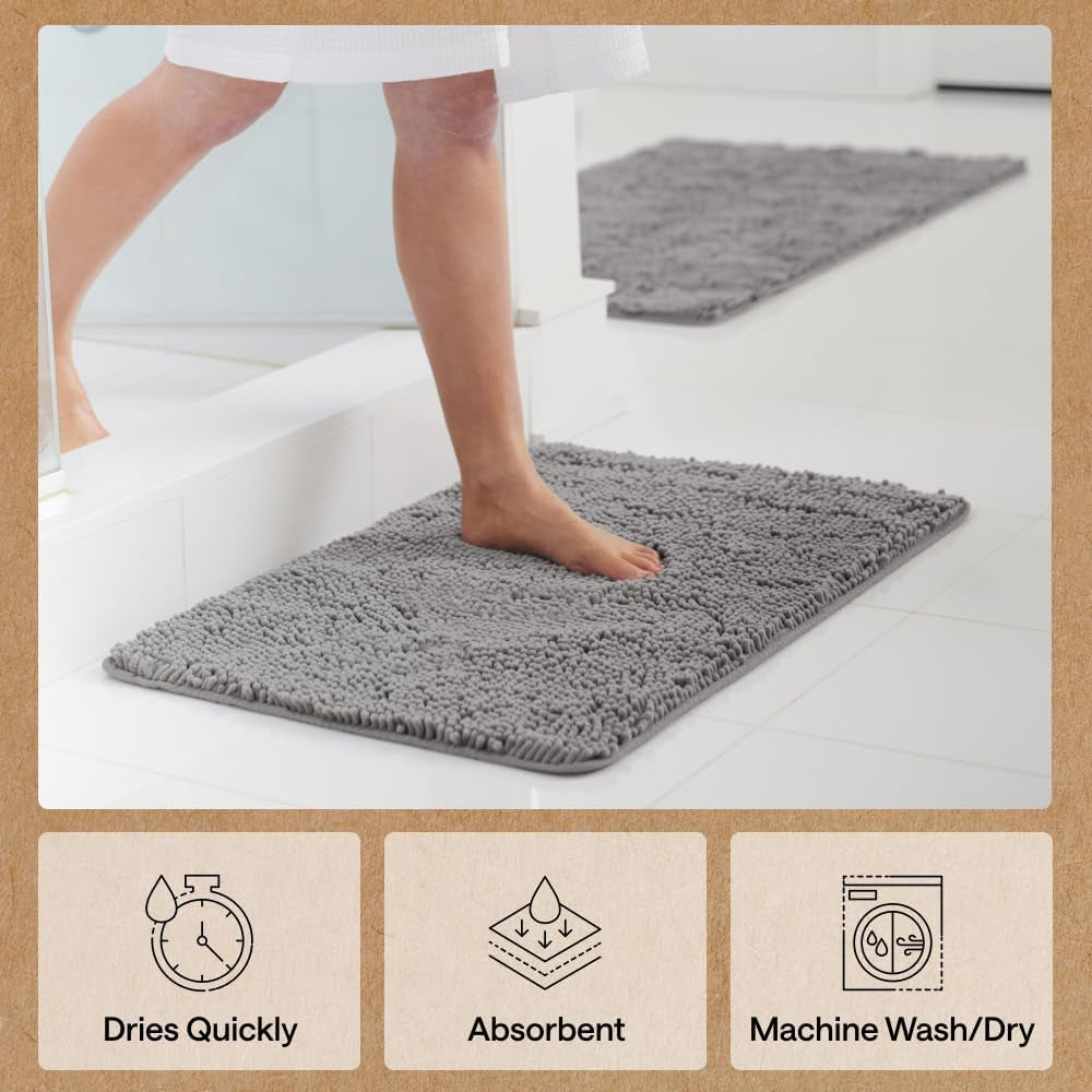 GORILLA GRIP Bath Rug Mat, Thick Soft Absorbent Chenille, Quick Dry Microfiber Mats, Rubber Backing, Machine Washable Shower Floor Rugs, Bathroom Bathmat Home Decor Accessories, 24X17 Grey