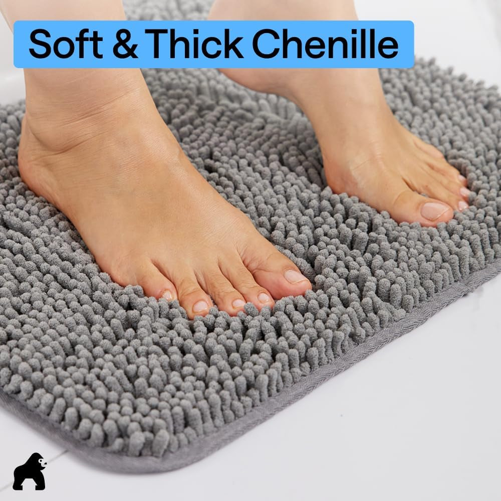 GORILLA GRIP Bath Rug Mat, Thick Soft Absorbent Chenille, Quick Dry Microfiber Mats, Rubber Backing, Machine Washable Shower Floor Rugs, Bathroom Bathmat Home Decor Accessories, 24X17 Grey