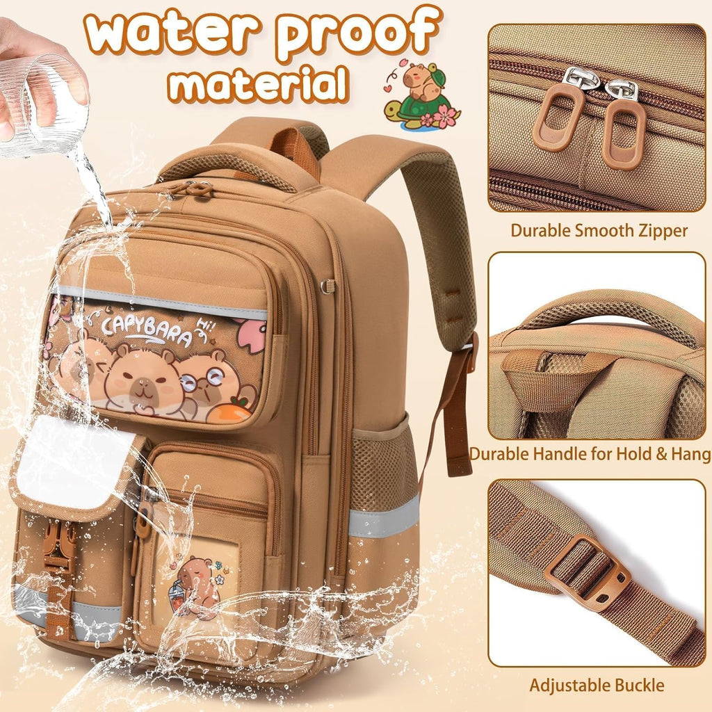 Capybara Backpack for School Girls, 30PCS Capybara School Supplies | Stationery Set with Bookbag Pencil Case Pins Gel Pens Pencils Notebooks for Back to School Kindergarten Elementary Student