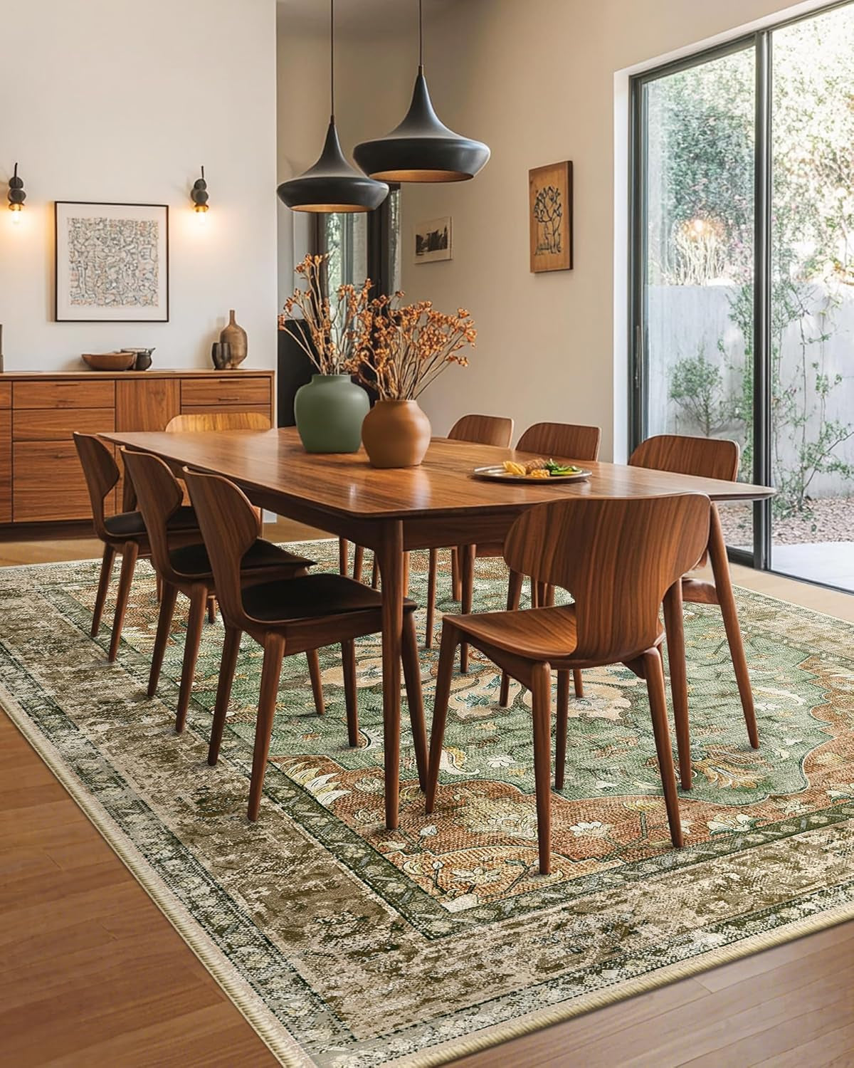 Area Rugs 8'X10' Washable Non-Slip, Floral Vintage Distress Medallion Carpet for Living Room Bedroom Dining Room, Terracotta Burnt Orange Green