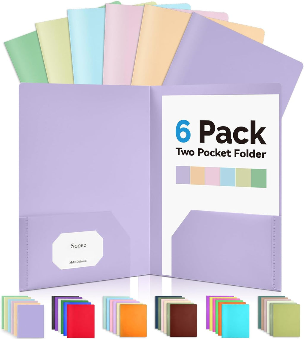 6Pack Folders with Pockets, Pastels Colors, Heavy Duty Pocket Folder | Plastic Folders with Pockets, 2-Pocket Folder Bulk, Aesthetic File Folder, Back to School Office Filing Supplies