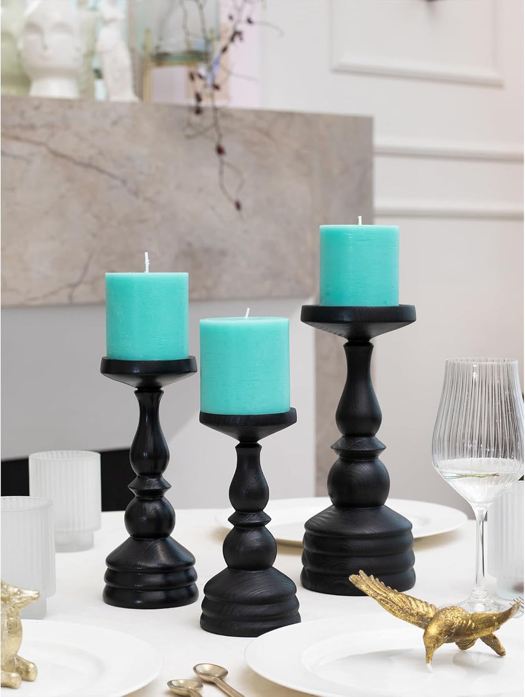 3X3 Pillar Candles Set of 3 - Rustic Unscented No Drip Turquoise Candles for Home Decor, Weddings, Centerpieces