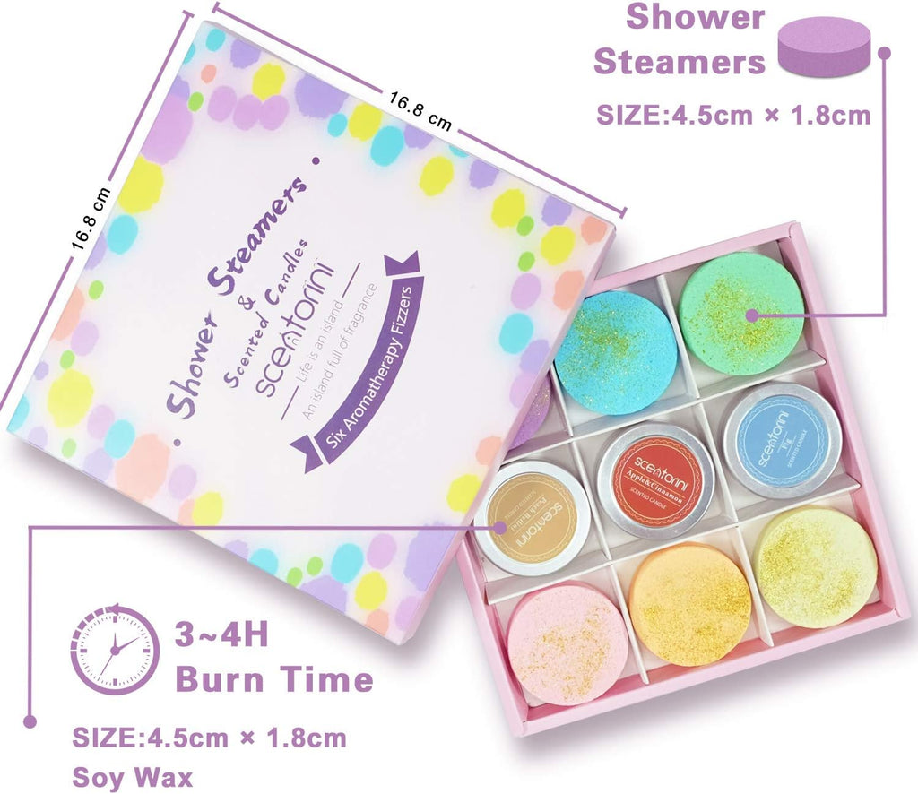Shower Steamers, Shower Bombs with Scented Candles, Shower Steamers Aromatherapy, 6 Aromatherapy Shower Bombs, 3 Tealight Candles, Use for Home Spa Christmas Gifts