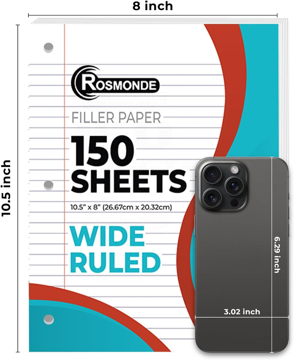 900 Sheets Loose Leaf Paper, 6 Pack, Wide Ruled Filler Paper | Bulk Office Filler Paper, 8" X 10.5", 3 Hole Punched, 150 Sheets/Pack, Wide Ruled Notebook Paper for Binder, White