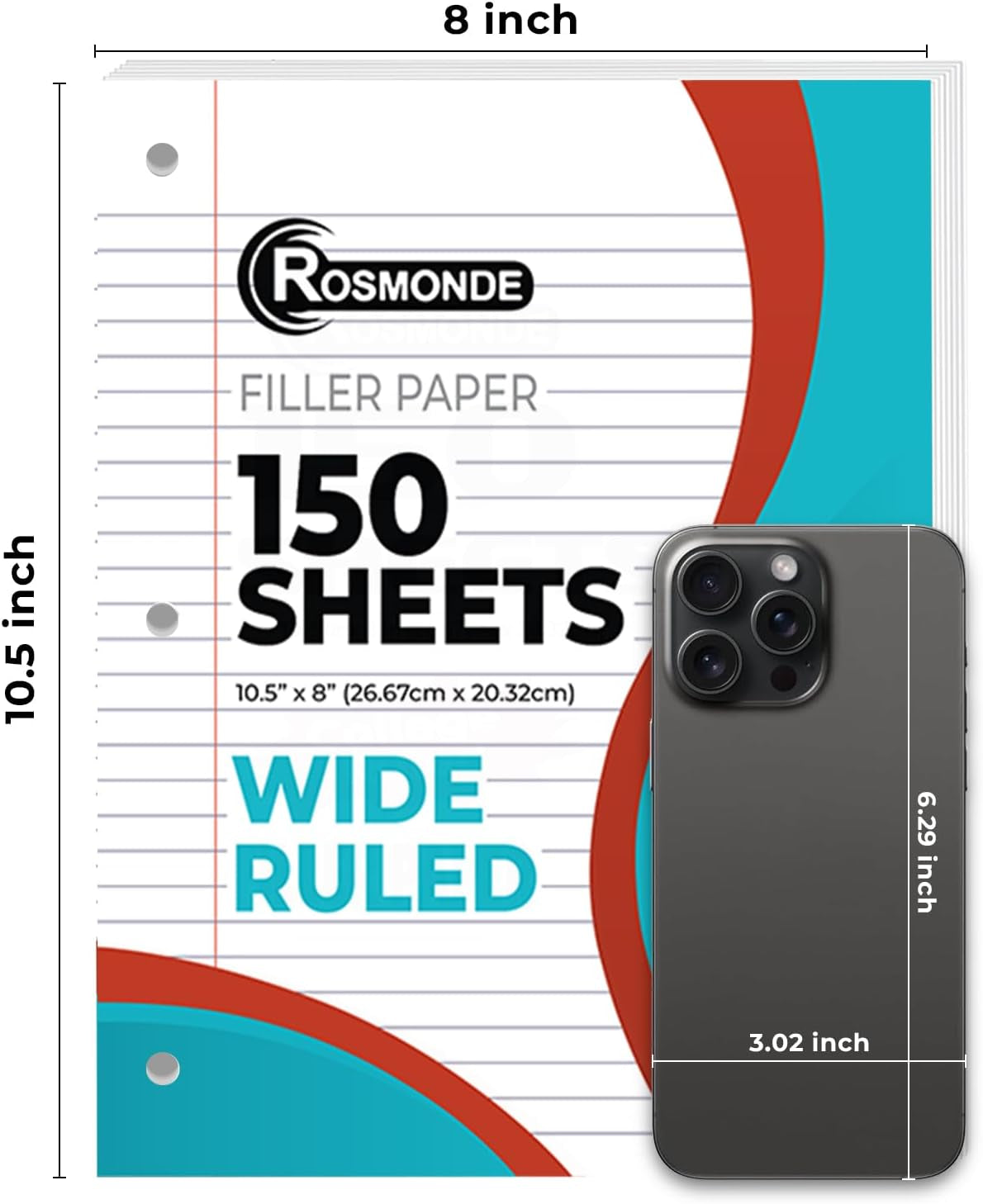 900 Sheets Loose Leaf Paper, 6 Pack, Wide Ruled Filler Paper | Bulk Office Filler Paper, 8" X 10.5", 3 Hole Punched, 150 Sheets/Pack, Wide Ruled Notebook Paper for Binder, White