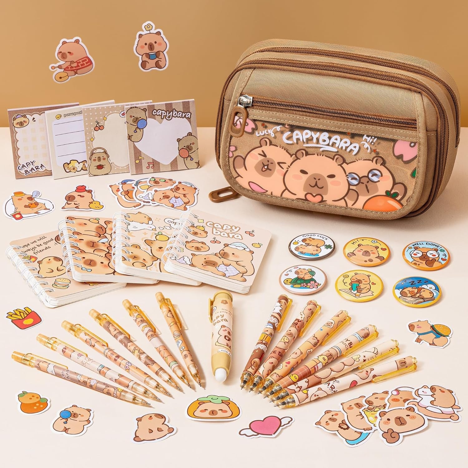 Capybara Backpack for School Girls, 30PCS Capybara School Supplies | Stationery Set with Bookbag Pencil Case Pins Gel Pens Pencils Notebooks for Back to School Kindergarten Elementary Student
