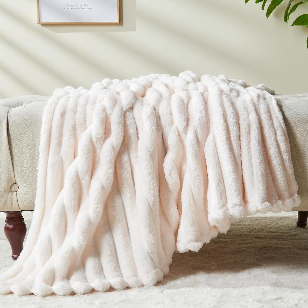Fleece Ribbed Cozy Throw Blanket for Couch, Ivory, 50"X60" | Premium Silky Flannel Blanket, Soft Lightweight Fluffy Throw Blanket for Bed Sofa Decor, Gift for All Season Use