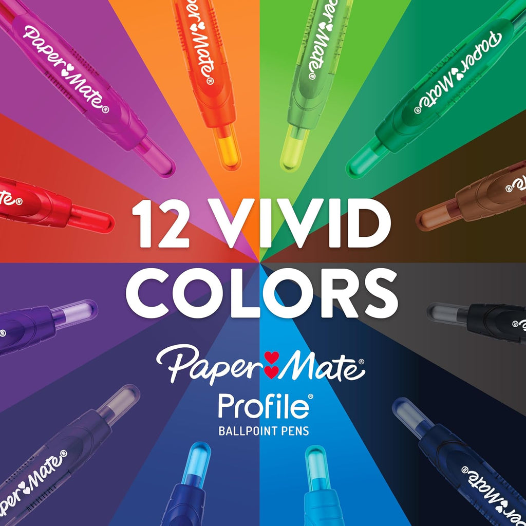 Paper Mate Profile Retractable Ballpoint Pens, Bold Point (1.4Mm), Assorted Colors, 12 Count - Back to School, Office, Teacher Supplies