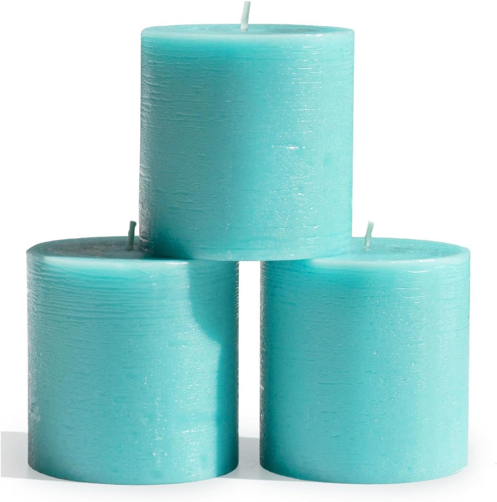 3X3 Pillar Candles Set of 3 - Rustic Unscented No Drip Turquoise Candles for Home Decor, Weddings, Centerpieces