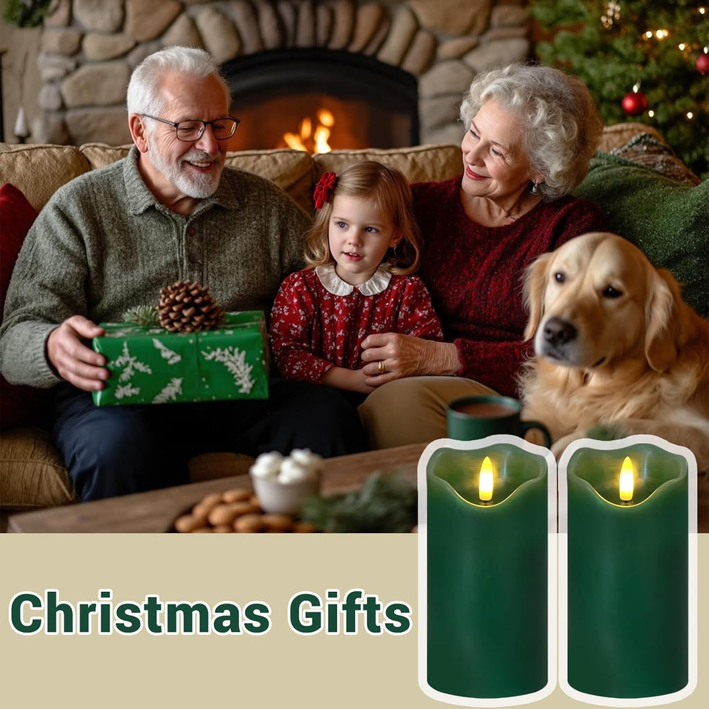 Green Flameless Candles, Flicking LED Christams Candles Battery Operated Candles Made of Real Wax, Remote Control Fake Pillar Candles for Christmas St. Patrick'S Day Decor, 2PC, 3’’ X 6’