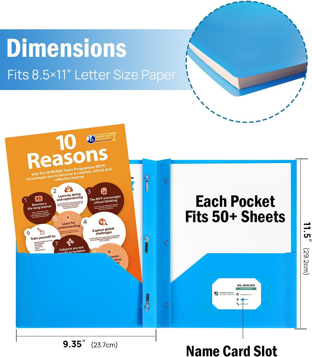 6 Folders with Pockets and Prongs, 2 Pocket 3 Prong Folder, Plastic Folders | 6 Bright Colors, Business Card Holder, Heavy Duty File Folders, for Documents, Business, Office, School Supplies