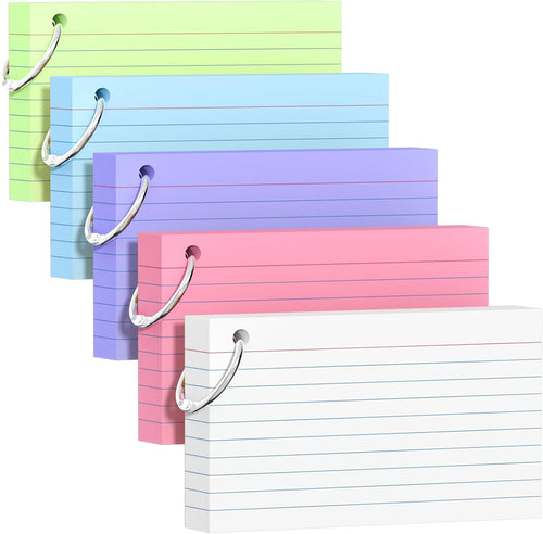 250 Count Colored Index Cards 3X5 Inch with Key Ring, 180Gsm Heavy Weight Flash Cards 5 Color (50 Sheets Each) Portable Note Taking for Students, Teachers, Study Note Cards for Office School Supplies