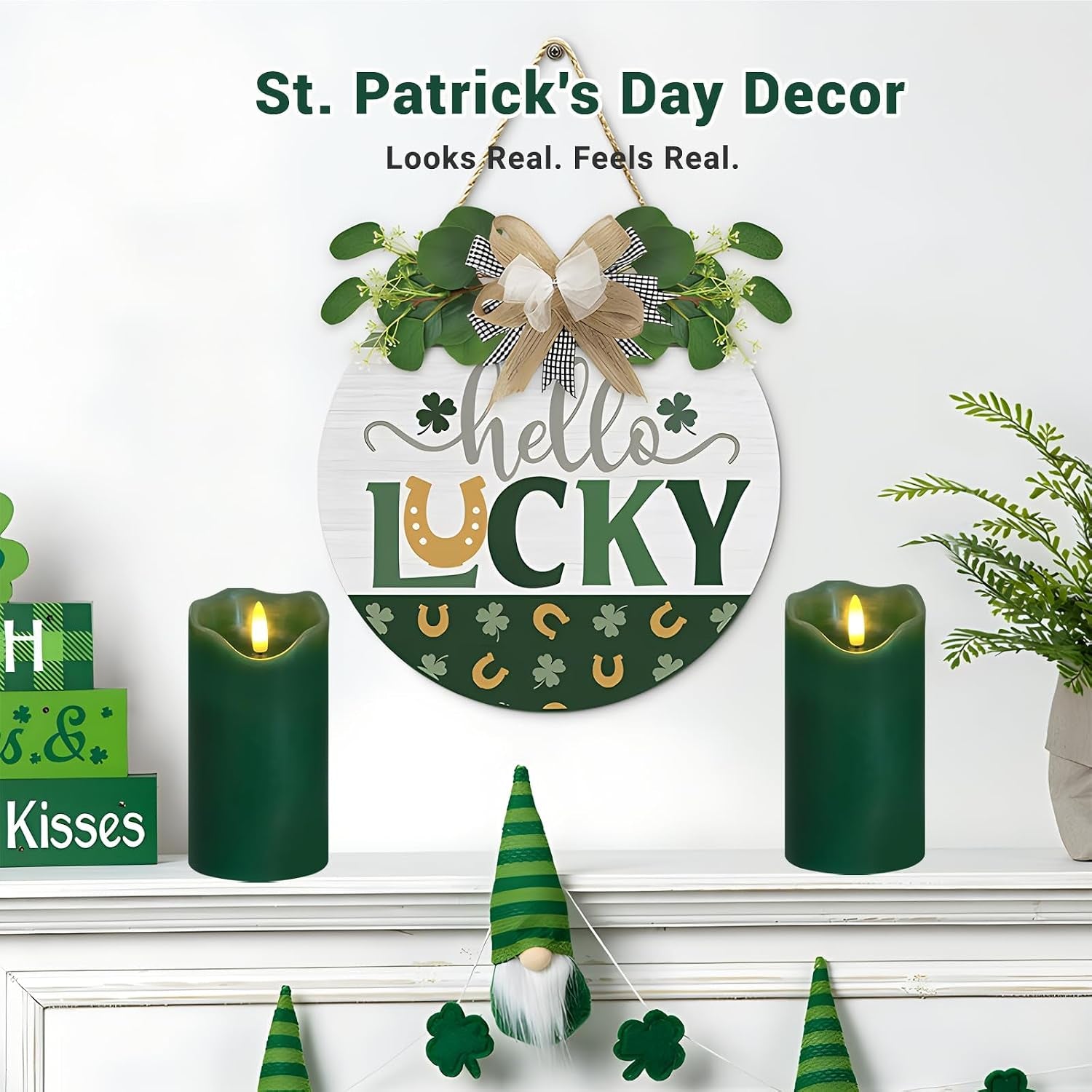 Green Flameless Candles, Flicking LED Christams Candles Battery Operated Candles Made of Real Wax, Remote Control Fake Pillar Candles for Christmas St. Patrick'S Day Decor, 2PC, 3’’ X 6’