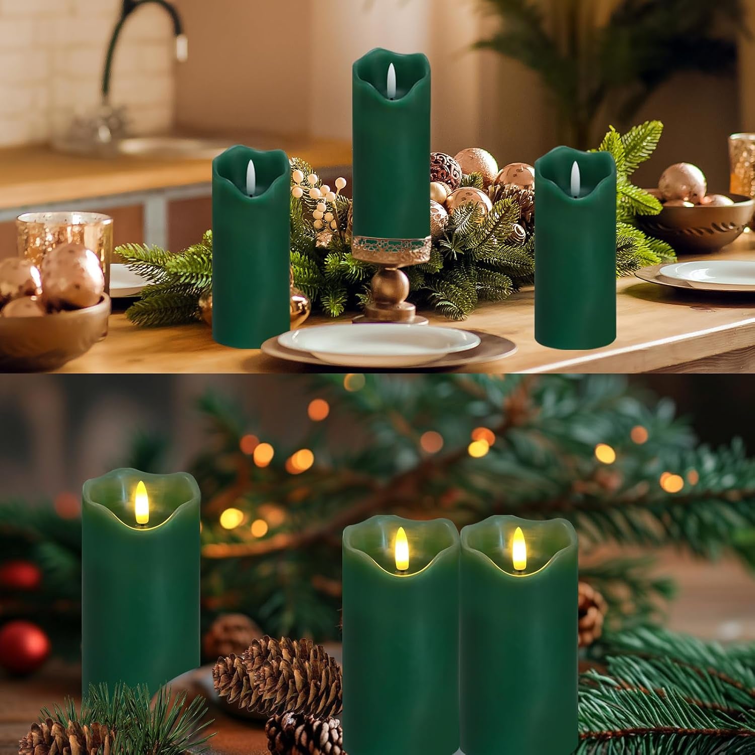 Green Flameless Candles, Flicking LED Christams Candles Battery Operated Candles Made of Real Wax, Remote Control Fake Pillar Candles for Christmas St. Patrick'S Day Decor, 2PC, 3’’ X 6’