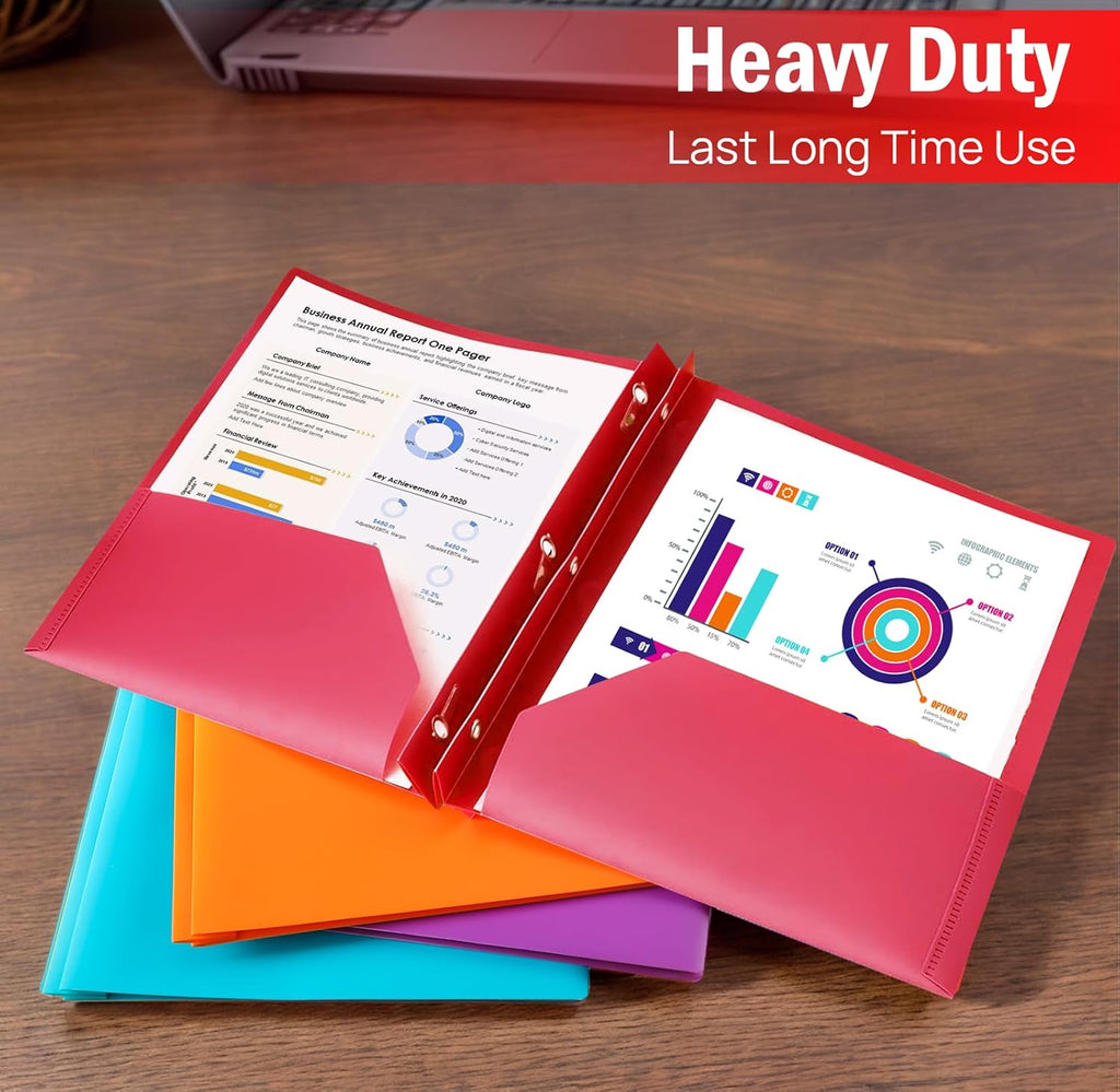 6 Folders with Pockets and Prongs, 2 Pocket 3 Prong Folder, Plastic Folders | 6 Bright Colors, Business Card Holder, Heavy Duty File Folders, for Documents, Business, Office, School Supplies