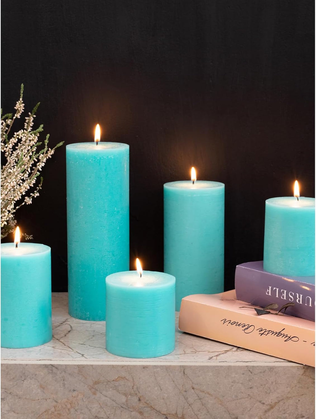 3X3 Pillar Candles Set of 3 - Rustic Unscented No Drip Turquoise Candles for Home Decor, Weddings, Centerpieces