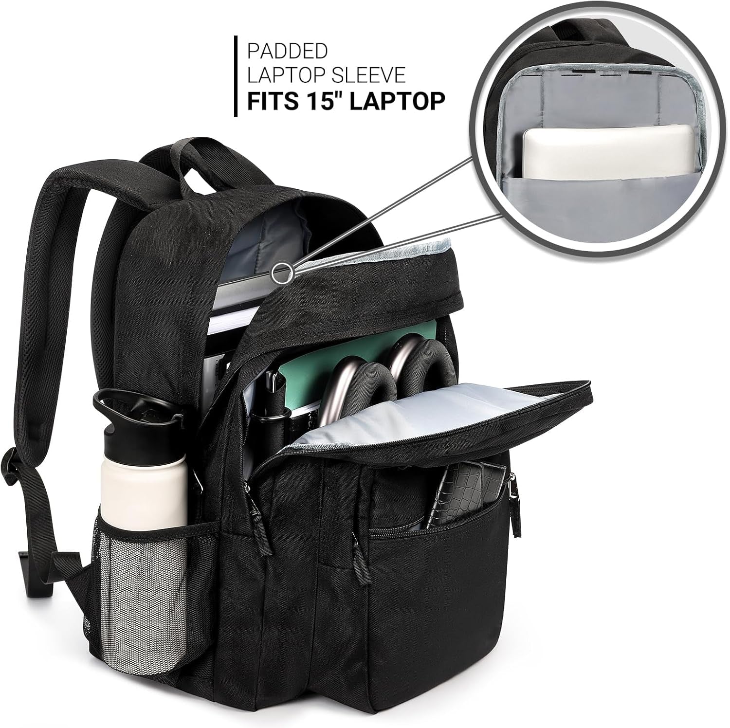 26L Black Backpack for College, and Travel: Water Resistant Bookbag