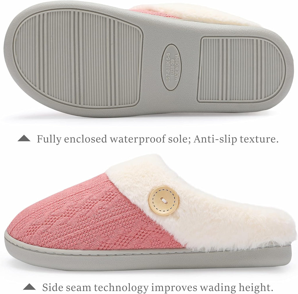 Womens Slipper Warm Comfy Memory Foam House Slippers Knitted Shoes Faux Fur Lined Anti-Skid Rubber Sole Bedroom Cozy Indoor Outdoor Slippers