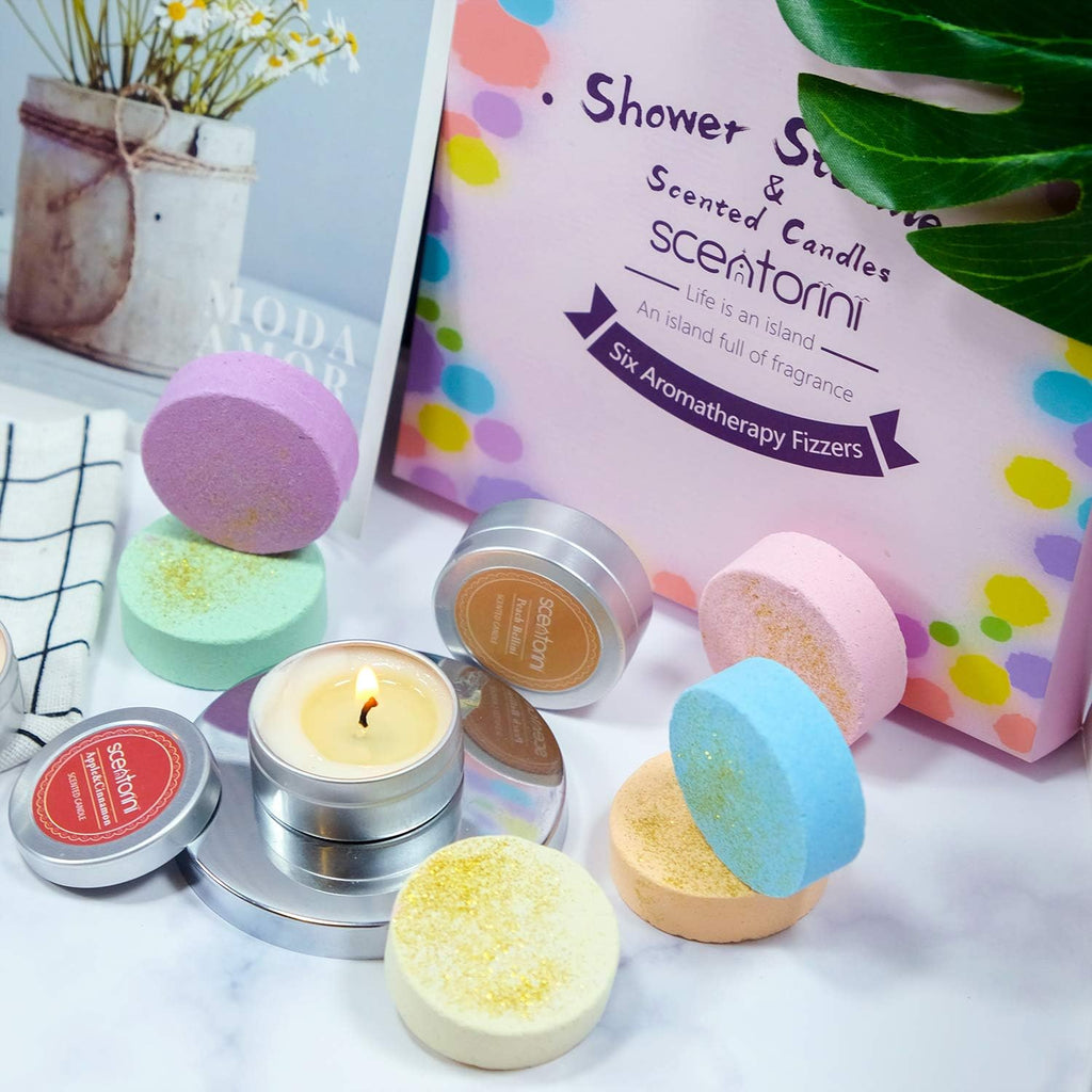 Shower Steamers, Shower Bombs with Scented Candles, Shower Steamers Aromatherapy, 6 Aromatherapy Shower Bombs, 3 Tealight Candles, Use for Home Spa Christmas Gifts