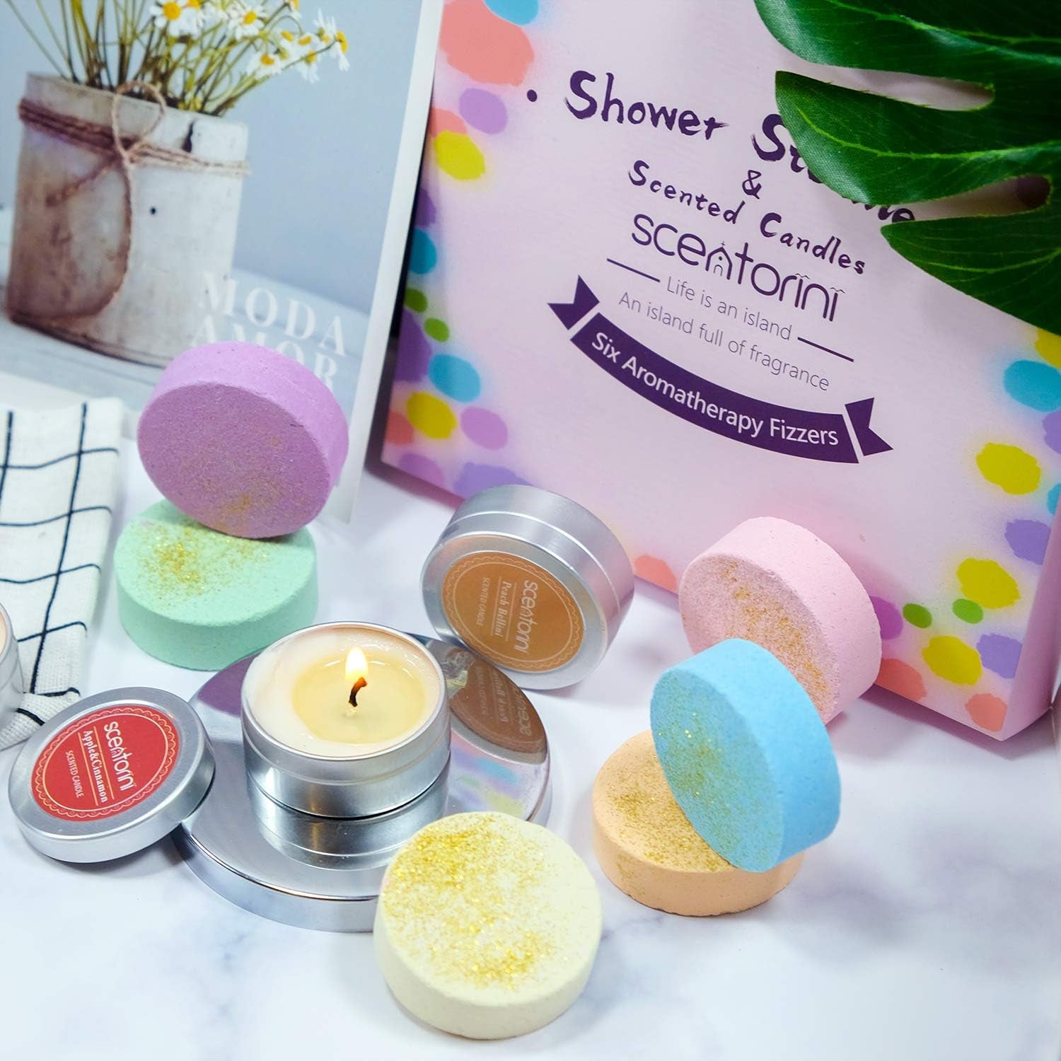 Shower Steamers, Shower Bombs with Scented Candles, Shower Steamers Aromatherapy, 6 Aromatherapy Shower Bombs, 3 Tealight Candles, Use for Home Spa Christmas Gifts