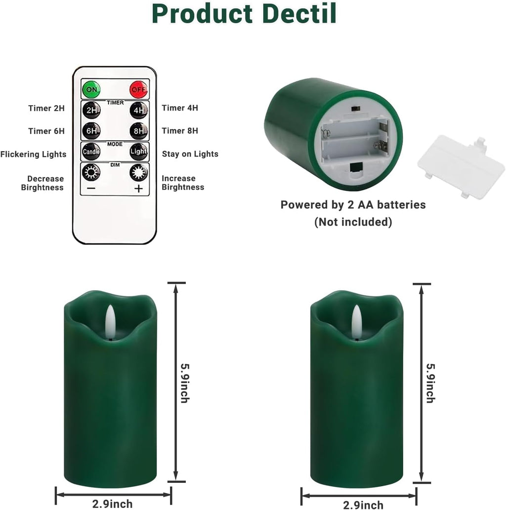 Green Flameless Candles, Flicking LED Christams Candles Battery Operated Candles Made of Real Wax, Remote Control Fake Pillar Candles for Christmas St. Patrick'S Day Decor, 2PC, 3’’ X 6’