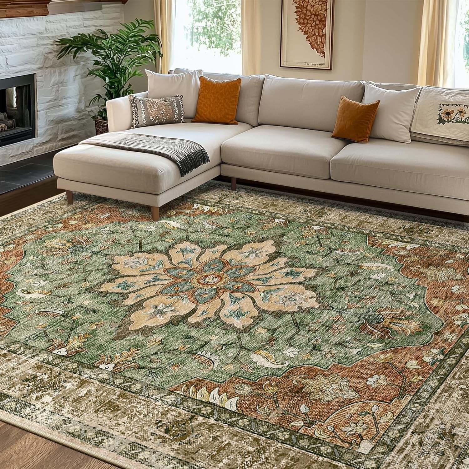 Area Rugs 8'X10' Washable Non-Slip, Floral Vintage Distress Medallion Carpet for Living Room Bedroom Dining Room, Terracotta Burnt Orange Green