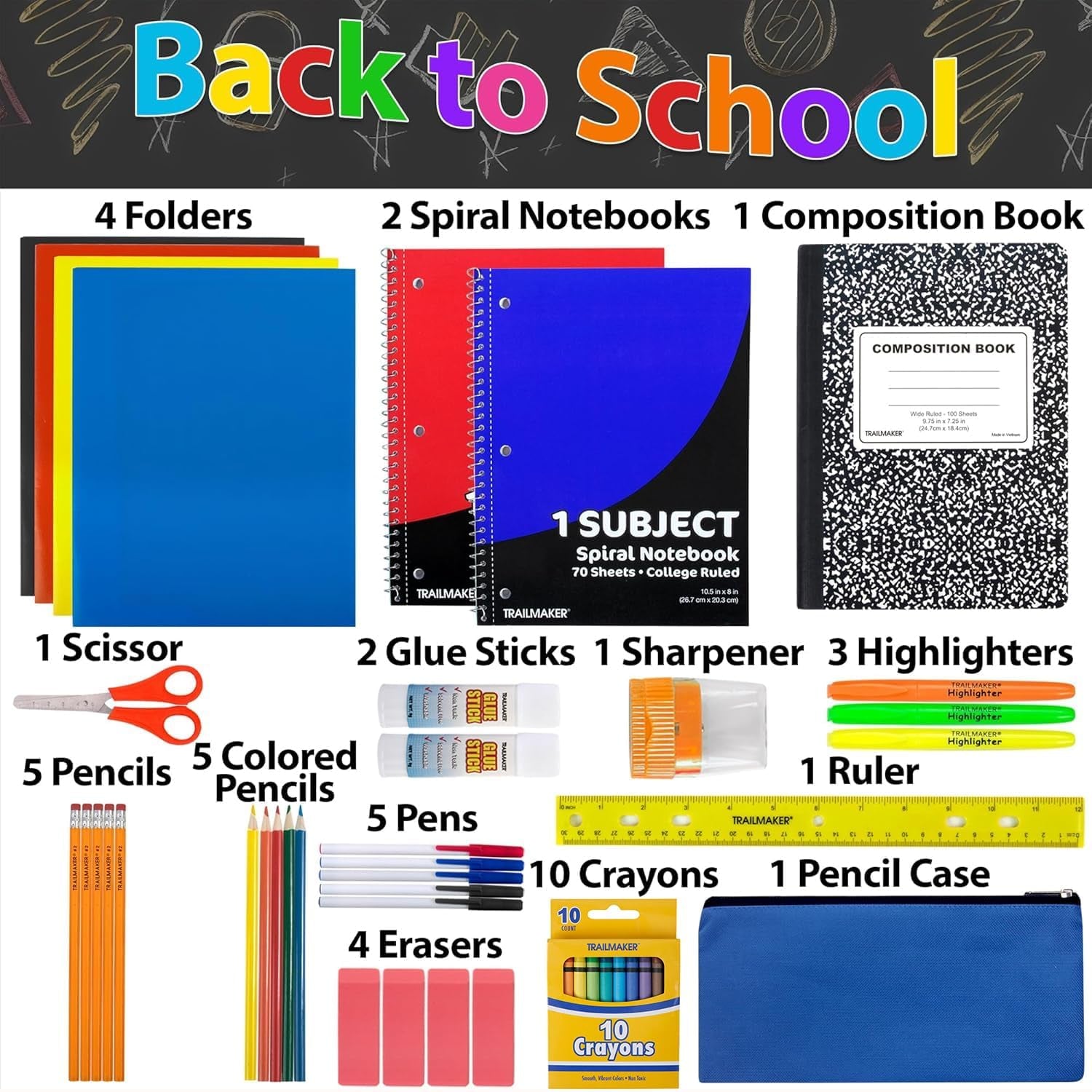 School Supplies Kit 45 Piece School Supply Kit Grades K-12 – Back to School Essentials Includes Folders Notebooks Pencils Pens and Much More!