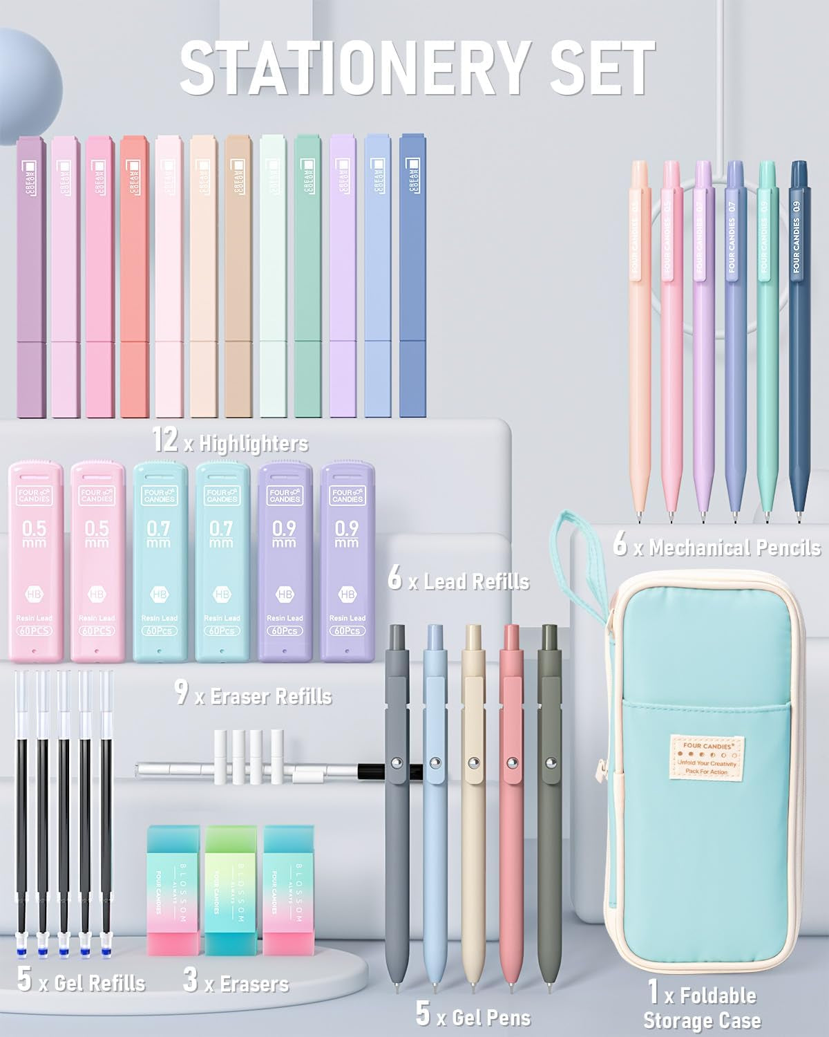 School Supplies with Cute Pen Case, 39Ct, Blue | Back to School Stationery Set, Essentials for College & Nursing Students, 5 Gel Pens, 6 Mechanical Pencils, 12 Highlighters