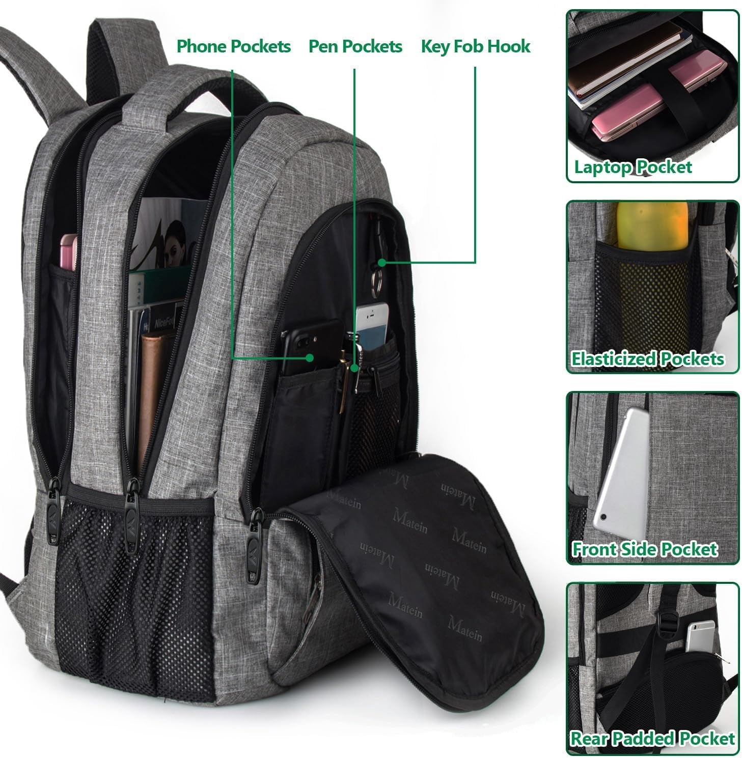 Travel Laptop Backpack, 15.6 Inch College School Computer Bag, Grey | Slim Sturdy Business Daypack, anti Theft Bookbag, Water Resistant, Gift for Men & Women, Personal Item Bag, Mochilas