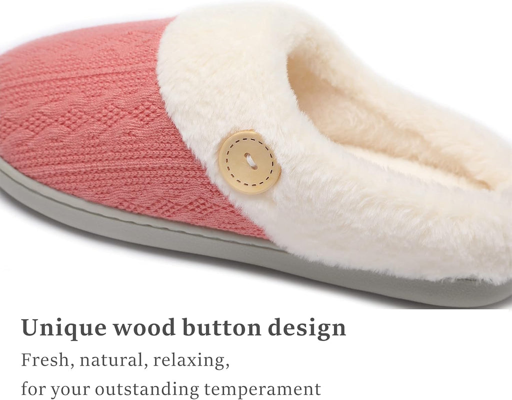 Womens Slipper Warm Comfy Memory Foam House Slippers Knitted Shoes Faux Fur Lined Anti-Skid Rubber Sole Bedroom Cozy Indoor Outdoor Slippers